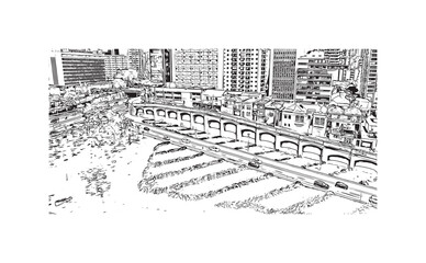 Building view with landmark of Sao Paulo is the city in Brazil. Hand drawn sketch illustration in vector.