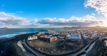 Foto op Aluminium Canarische Eilanden Corralejo aerial cityscape, port city in Fuerteventura, beautiful panoramic view of Canary islands, Spain. Panoramic aerial view of Corralejo town on Fuerteventura island, Canary Islands, Spain.