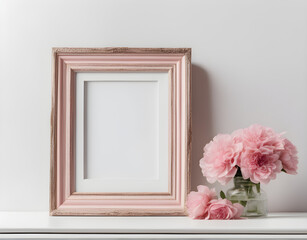 Empty wooden picture frame mockup hanging on white wall background. Boho-shaped vases with dried flowers on table. Working space, home office. Modern interior. Generative Ai