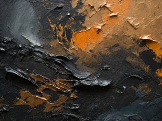 Closeup of abstract rough black-gold art painting texture, with oil brushstroke, pallet knife paint on canvas