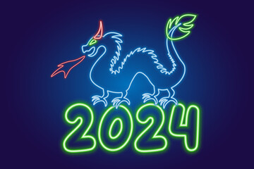Neon Dragon, New Year 2024. Vector illustration. The concept of a festive banner, greeting card.
