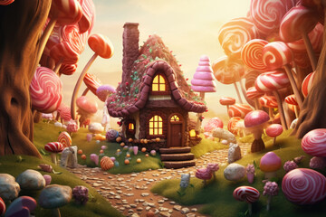 Candy land. House made out of chocolate and candy. Sweet and magical world with candy and sweets