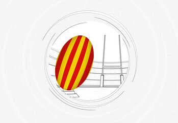 Catalonia flag on rugby ball, lined circle rugby icon with ball in a crowded stadium. - obrazy, fototapety, plakaty