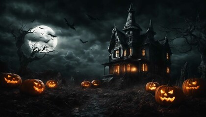 halloween background with pumpkin and bats in night