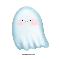 Cute ghost Halloween vector illustration with pink cheeks and eyes