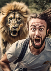 Terrified man runs away from giant lion along path outdoors