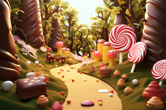 Candy land forest, sweet and magical world with candy and sweets