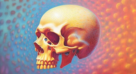 Illustration of a human skull, modern artwork, abstract colorful painting with geometric shapes. Hand drawn digital painting. Illustration for Halloween.