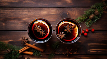 Christmas mulled wine. Traditional Xmas festive drink with decorations