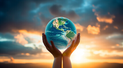 Concept for the International Day of Peace. A child holds a globe of the earth. Globe of planet Earth on defocused background of nature with copy of space - obrazy, fototapety, plakaty