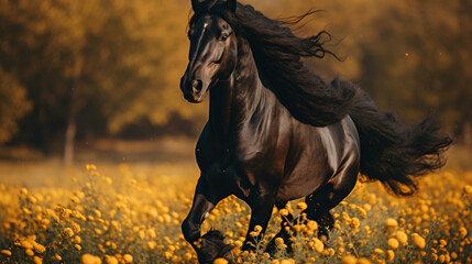 Beautiful black horse playing on the field