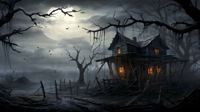 Capture the essence of Halloween with an image of a decrepit, cobweb-covered haunted house against a full moon. This eerie portrayal is perfect for setting an awesome Halloween atmosphere.