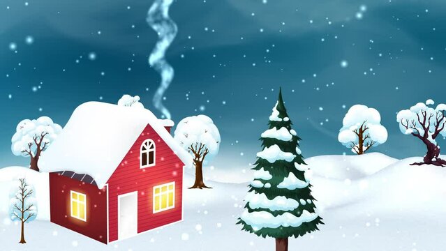 Beautiful House in Winter Scene in a Snowy Day with Snow Failing and Pine Tree. Home with Chimney Smoke in snow Hill with many Frozen Trees. Cartoon Animation 