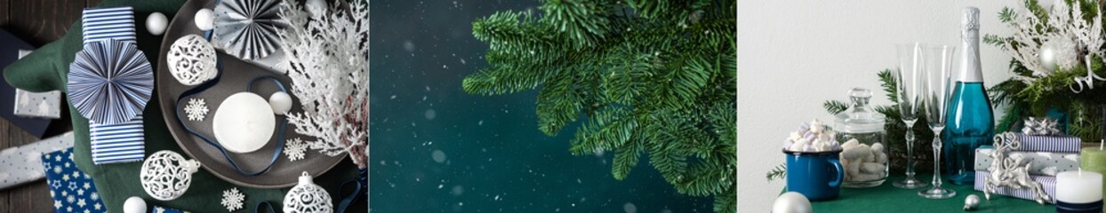 Collage of Christmas backgrounds, blue gifts and Christmas tree branches, cookie cutters and decorative flower on a green tablecloth
