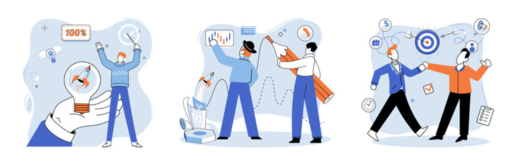 Successful project launch. Vector illustration. A development project idea, blueprint for potential innovations to come Project launch management, driver navigating road to successful project