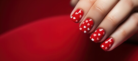 banner Valentines day nail art, Female hands with beautiful fashion glamour manicure in red colors with hearts design on nails on red background. copyspace