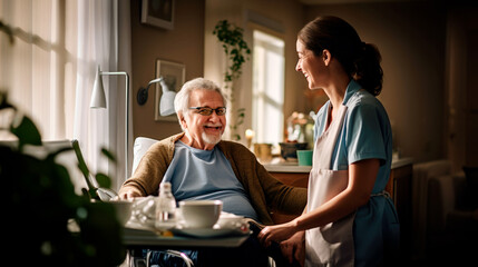 senior smiling man receiving medical help from a visiting nurse in the comfort of their own home - obrazy, fototapety, plakaty