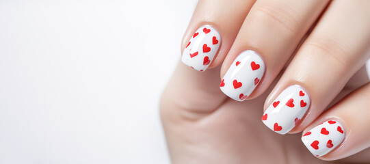 banner Valentines day nail art, Female hands with beautiful fashion glamour manicure in red colors with hearts design on nails on white background. - obrazy, fototapety, plakaty