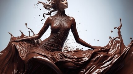 beautiful woman statue in liquid chocolate dress. Splash, chocolate splashes