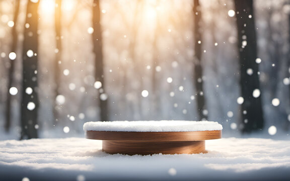 Wooden podium on the backdrop of falling snow in a natural winter landscape, sunrise forest