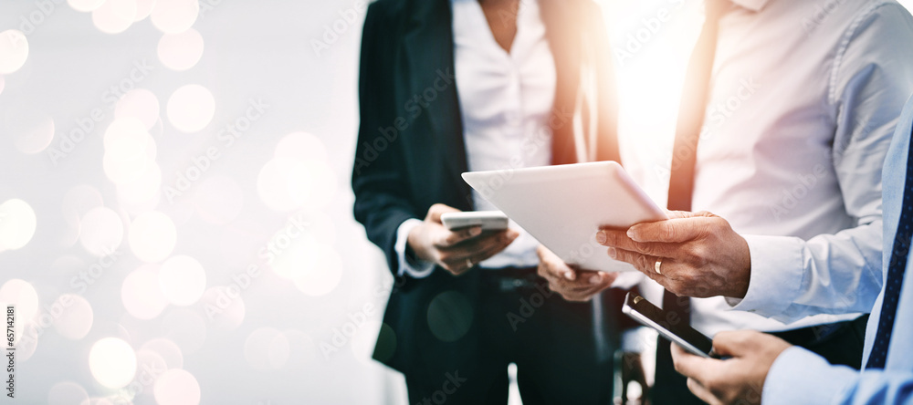 Poster hands, technology and double exposure with business people together for communication or networking 