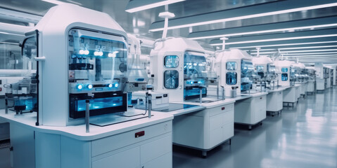 High-tech laboratory with advanced equipment inside a pharmaceutical manufacturing facility.