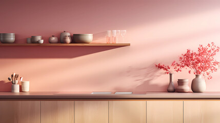 wooden tabletop with sink and flowers in a vase, shelves with jars of spices on a pink wall.