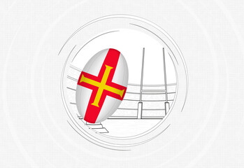 Guernsey flag on rugby ball, lined circle rugby icon with ball in a crowded stadium.