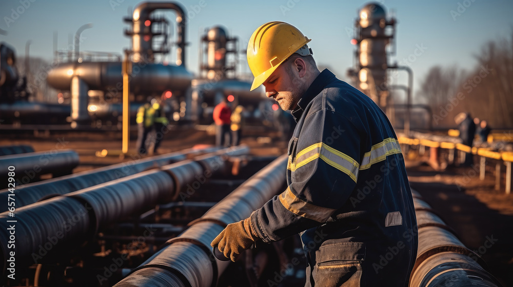 Poster refinery workers with a gas pipeline.