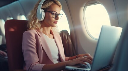 Businesswoman passenger sitting on seat in Airplane working online while travelling with computer - obrazy, fototapety, plakaty
