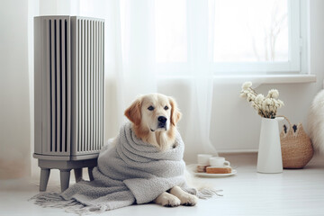 Golden Retriever dog warming himself in a knitted woolen blanket near an electric radiator heater. The concept of problems with heating the house in winter. - obrazy, fototapety, plakaty