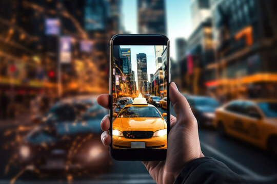 A hand holds a mobile phone with a picture of a taxi car with a blurred street background. The concept of a mobile application for ordering a taxi.