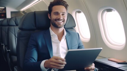 Fototapeta na wymiar Businessman passenger sitting on seat in Airplane working online while travelling with tablet.