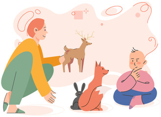 Mother tells son about animals. Young female teacher showing kids picture of deer and fox. Woman teaching children, telling about animals, plays logic game with him. Education in kindergarten