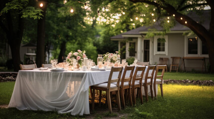 Fototapeta premium Wedding decor table, Backyard wedding banquet with candlelit table on green lawn adorned.