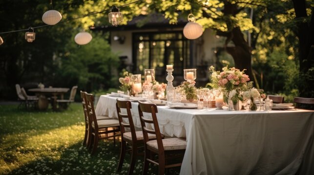 Wedding decor table, Backyard wedding banquet with candlelit table on green lawn adorned.