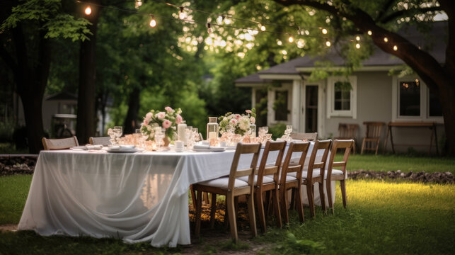 Wedding decor table, Backyard wedding banquet with candlelit table on green lawn adorned.