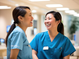 team of asian nurse talking and laughing in hospital, teamwork and health care - obrazy, fototapety, plakaty