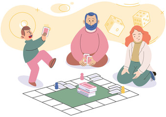 Game together. Family fun. Friendship time. Vector illustration. Playing games with friends brings out competitive yet lighthearted spirit Family game nights filled with laughter, friendly banter, and