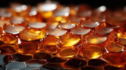 Fototapeta premium Golden honey drips from a honeycomb lit from above against a black background