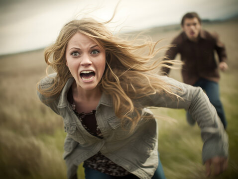 An expressive woman is frightened because she is being chased by an unknown strange man