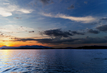 Beautiful colorful sunset over the Langkawi island in Andaman sea, Malaysia. Desktop wallpaper. Nature. Travel concept.