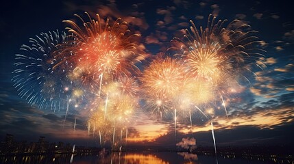 fireworks in the night sky and over the ocean, colorful pyrotechnics