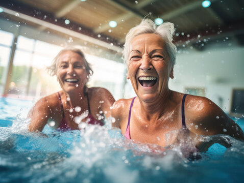 Happy elderly woman in swimming pool smiling and having fun with her friend