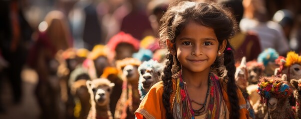 Obraz premium Young Spirited, Long Haired Indian Boy Walking Happy Among Adorable Llamas.