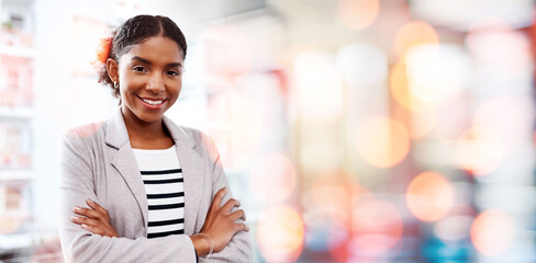 Black woman, arms crossed and smile portrait with compliance consultant at work with mockup space. Confidence, female entrepreneur and professional from New York happy from startup with office bokeh
