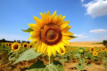 Vibrant Sunflower Blooming in Rural Meadow Under Clear Blue Sky