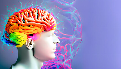 Obraz premium A striking visual representation of ADHD, where the intricate and colorful neural patterns of the brain are dynamically visible on the surface of a man's head