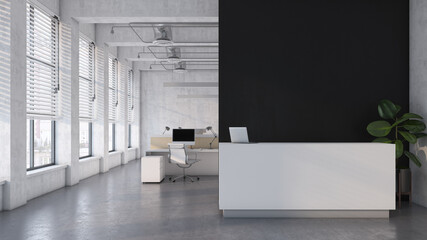 Black brick open space office interior with narrow window and curtain, A white reception. a blank dark wall. Modern office interior with concrete floor. Side view. 3d rendering