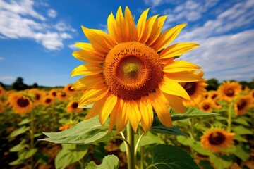 Vibrant Sunflower Blooming in Rural Meadow Under Clear Blue Sky